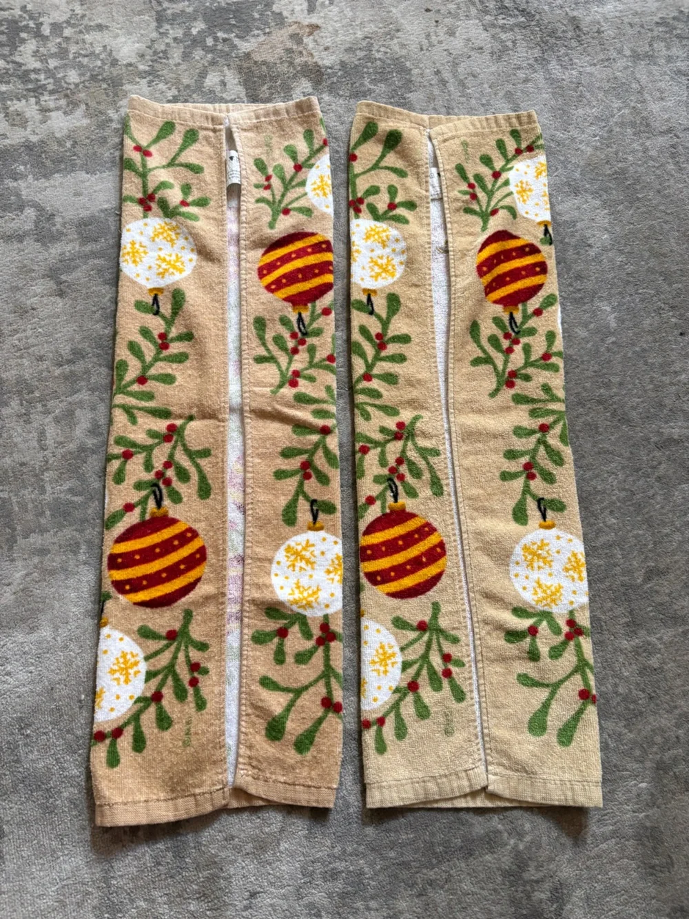 Holiday Ornament Kitchen Towels - Beige with Red & White Ornaments